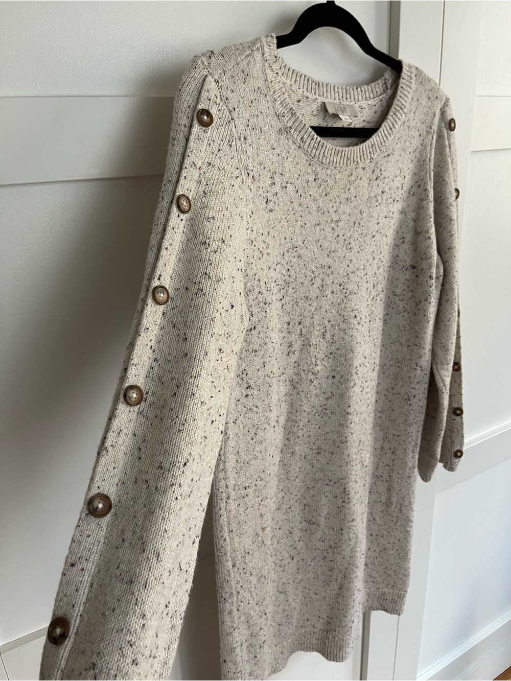 LOFT Cream Speckled Crewneck Sweater with Button-Trim Sleeves